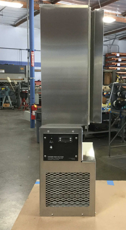 This unit was a Custom built prototype, modular Ultra low bolt-on freezer unit. It was design as an optional freezer to connect up to a rarified atmosphere chamber for science and industry. The freezer had to absolutely air tight when connected up the larger zero oxygen, zero moisture Chamber unit. All stainless steel construction and easily achieved the customer's –40° criteria